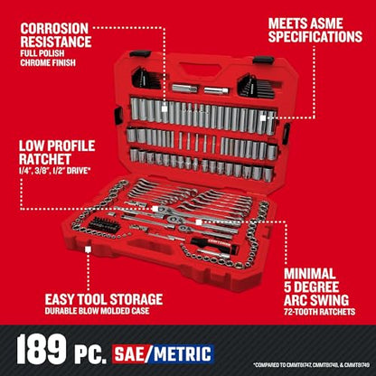 CRAFTSMAN 189 Piece Mechanics Tool Set, 1/4, 3/8 and 1/2 Inch Drive Socket Wrench Set with Thinner Ratchet, Steel 6 and 12-Point Sockets, Wrenches, Hex Keys and Specialty Bits, 90-Tooth (CMMT12134) - style: New 189 Piece Set