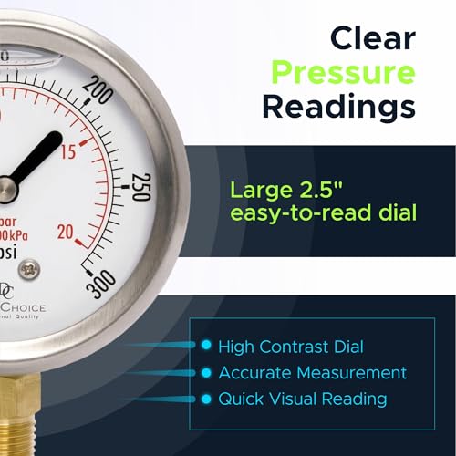 2-1/2" Oil Filled Pressure Gauge, Stainless Steel Case, 0-300 PSI, 1/4" NPT - size: [0-300 PSI]