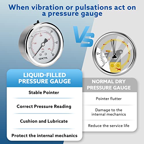 SENCTRL 0-60 Psi Liquid Filled Low Pressure Gauge, 1/4" NPT Back Mount - size: 0-60 Psi, style: Back Mount
