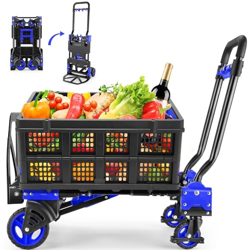 Folding Hand Truck Dolly,330lb Cart+1 Folding Basket,4to2 Wheel Moving Blue - size: 330LB Blue-B