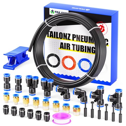 TAILONZ PNEUMATIC Black 12MM Inch OD 10 Meter 32.8ft PU Polyurethane Air Tubing Kit Pipe Hose Air Line Tubing Air Hose Fittings Push to Connect Fittings(31PCS) - color: Black, size: 15/32" OD - 32.8 FT