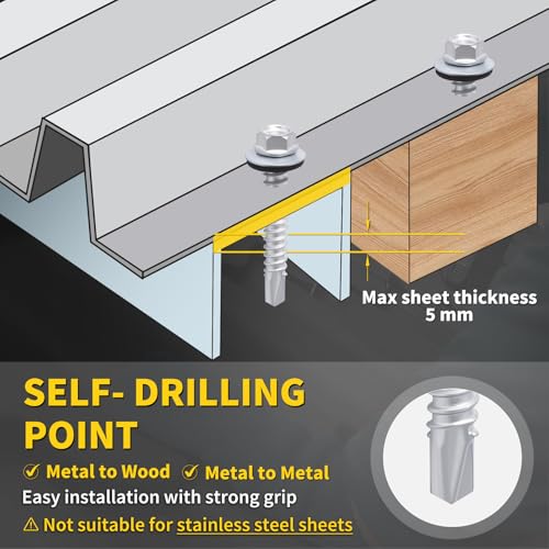Metal Roofing Screws #12 x 1-1/2", 300 PCS, FIXLINK RUSPERT Hex Head Rubber Washer Sheet Metal Roof Screws Self Drilling Metal to Wood Siding Screws, Hex Socket Included, Silver - color: Silver, size: #12 x 1-1/2"