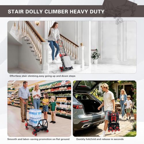 2 in 1 Foldable Stair Climbing Dolly Cart with Wheels(Red) - color: Red