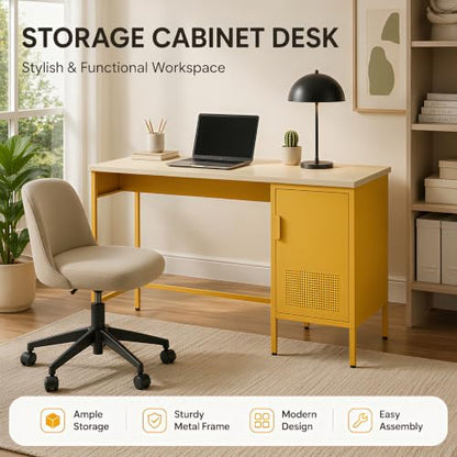 Wood Top Side Cabinet with 2-Tier Metal Storage Cabinet & Locker, Study Desk with Legs, Easy Assembly, Holds Books, Laptops & Everyday Essentials for Home, Office Yellow - color: Mustard, style: Cabinet-30"H-BY