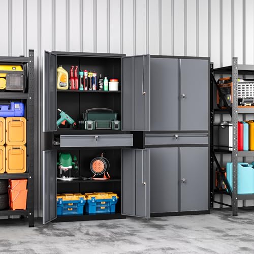Metal Storage Cabinet with Drawer, Garage Storage Cabinet with Locking Doors and Adjustable Shelves for Garage, Home Office,Warehouse - color: Black Grey, size: 71"H x 31.5"W x 15.7"D - A