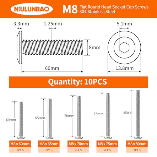 M8 x 60mm 65mm 70mm 75mm 80mm Flat Round Head Hex Socket Cap Screws Bolts, Furniture Screws, 304 Stainless Steel, Allen Hex Drive, Metric Fully Threaded, Bright Finish, Assortment Kit 10PCS - size: M8 x 60/65/70/75/80mm (10PCS)