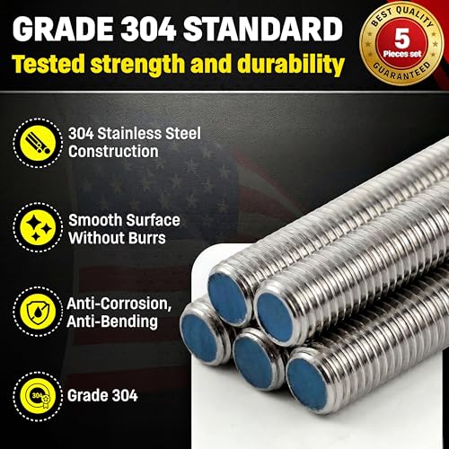 Chenango Supply 1/4-20 x 3, 304 Stainless Steel Fully Threaded Rod - size: 1/4-20 x 3ft (5 Pack)
