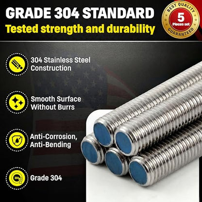 Chenango Supply 1/4-20 x 3, 304 Stainless Steel Fully Threaded Rod - size: 1/4-20 x 3ft (5 Pack)