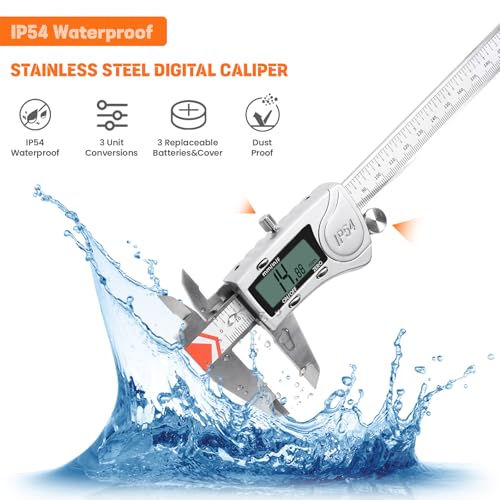 HARDELL Digital Caliper 8 Inch, Heavy-Duty IP54 Calipers with 3-Batteries & Extra Cover, All Stainless Steel Digital Micrometer Vernier Caliper, Inch/MM/Fraction, Auto-Off for DIY/3D-Printing - size: 8 Inch