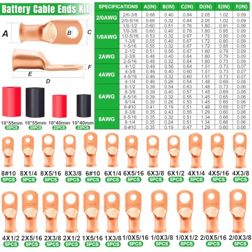 Twidec/230PCS Battery Cable Ends AWG 8 6 4 2 1 1/0 2/0 & Heat Shrink Tube - color: 230PCS