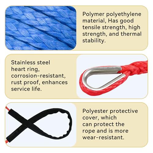 1/4 Inch x 50 Foot 10000 lb Synthetic Winch Rope Kit, Black - color: Black