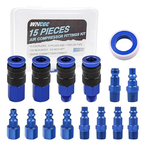 15 Pieces Air Compressor Hose Fitting Kit, 1/4" Universal Air Coupler and Industrial Air Plug Kit Quick Connect Air Fittings with Storage Case (Blue)