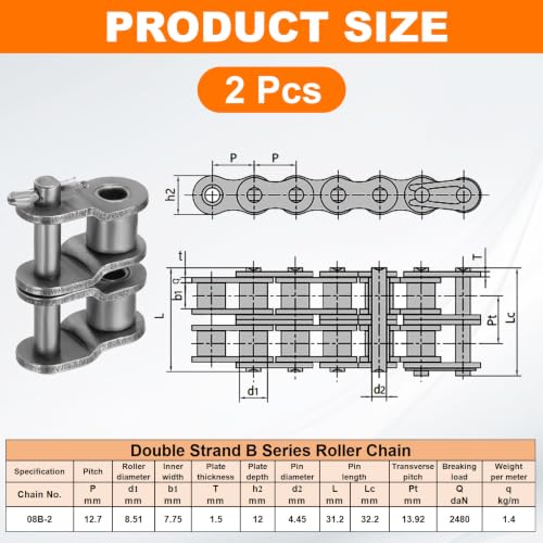 PATIKIL Double Chain Offset Half Link Roller 1/2 Inch, 2Pcs - size: 1/2 Inch - 08B