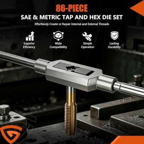 86-Piece Tap and Die Set, Titanium-Coated SAE and Metric Threading Tool Kit