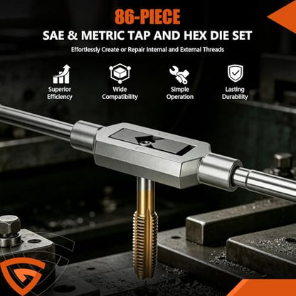86-Piece Tap and Die Set, Titanium-Coated SAE and Metric Threading Tool Kit