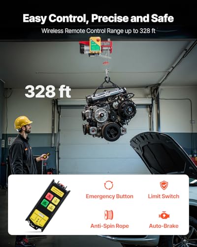 VEVOR Electric Hoist, 1760 lbs 120V Electric Winch with 328 ft Wireless Remote Control, 40 ft Single Cable Lifting Height, Single/Double Slings, Emergency Stop, Lift Hoist for Garage Warehouse Factory - size: 1760LBS Wireless