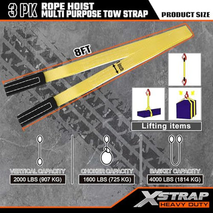 XSTRAP STANDARD 65FT Rope Hoist 4000Lbs Break w/2PK 8FT Lift Sling Black - color: 65ft Black with Lift Sling