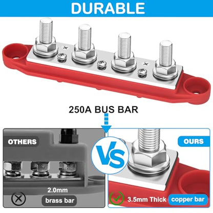 Power Distribution Block 12V 250A 4 x 5/16"(M8) Stud Bus Bar Tinned Copper Electrical Battery Terminal Block for Boat Automotive Solar Wiring - size: 250A