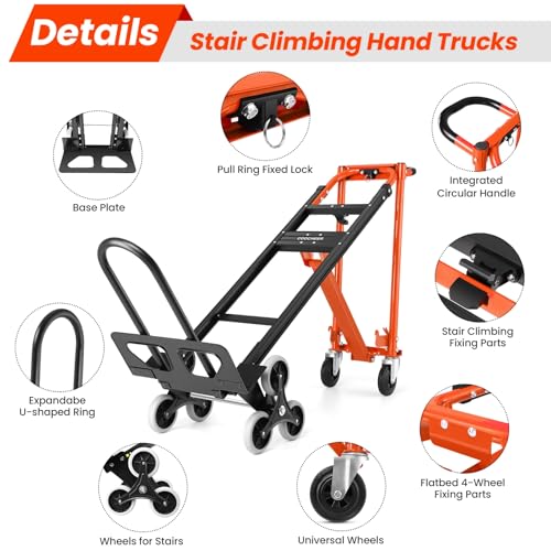 1000LBS Heavy Duty Convertible Hand Truck, 3 in 1 Aluminum Stair Climbing Dolly, Folding Hand Truck Dolly Cart with Solid Wheels for Moving/Travel/Office (Orange) - color: Orange