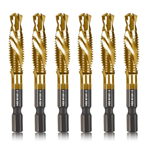 DKIBBITH 6-pc Metric M10 Combination Drill Tap Bit Set, M10*1.5 Thread Size, Titanium Coated High-Speed Steel, Ideal for Drilling and Threading in Soft Metal Wood and Plastic,1/4" Hex Shank - size: M10x1.5