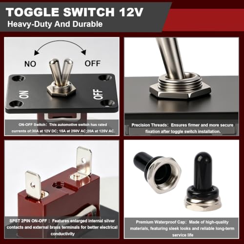 12V 30A Waterproof Toggle Switch, 2 Pin SPST ON/Off Toggle Switch