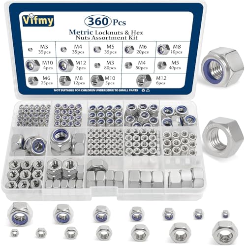 Metric Hex Nut & Lock Nut Assortment Kit (M3-M12) 360Pcs - size: Metric Hex Nuts and Locknuts, 360 Pcs