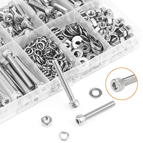 HELIFOUNER 350 Pieces M4 x 6mm /8mm /12mm /16mm /20mm /25mm /30mm, Hex Socket Head Cap Screws Bolts Washers Nuts Kit, 304 Stainless Steel - size: M4, style: Socket Head Screws