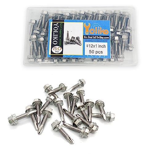 #12x1 Hex Washer Head Self Drilling Screws, 410 Stainless Steel, Self Tapping Sheet Metal Tek Screws, 50 PCS - size: 50 Pcs #12x1