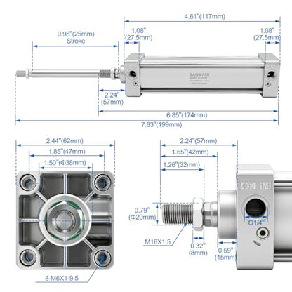 BAOMAIN Pneumatic Air Cylinder 2" Bore 1" Stroke SC50x25