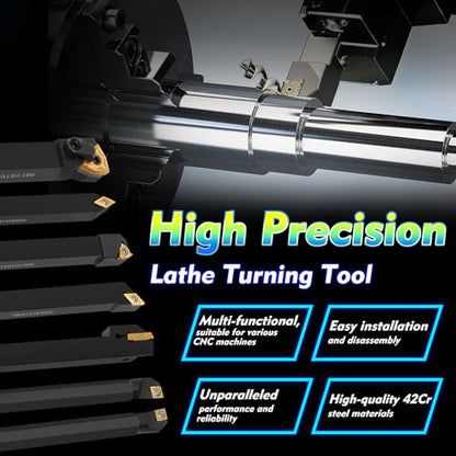 Indexable Lathe Turning Tool 21Pcs Kit 1/2'' 12mm Shank 7Pcs Carbide Turning Tool Holders with 14Pcs Tin Coated Turning Inserts Metal Lathe Tool Holder Set for Turning Grooving Threading Boring - style: Black 7pcs 1/2'' 12mm Shanks+14pcs Inserts