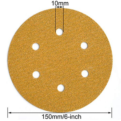 6-Inch 6-Hole Hook and Loop Gold Sanding Discs 60-Grit, 100-Pack