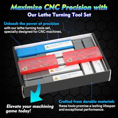 Indexable Lathe Turning Tool 21Pcs Kit 1/2'' 12mm Shank 7Pcs Carbide Turning Tool Holders with 14Pcs Tin Coated Turning Inserts Metal Lathe Tool Holder Set for Turning Grooving Threading Boring - style: Black 7pcs 1/2'' 12mm Shanks+14pcs Inserts