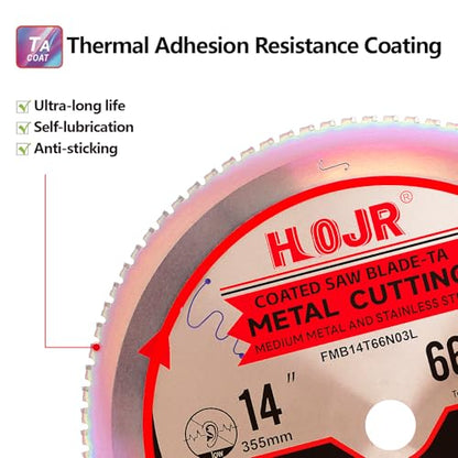 Metal Cutting Circular Saw Blade, Steel and Stainless Steel Cutting, The Cutting Head uses a Special Anti-Heat Sticking Coating with high Finish and Long Life,FMB 14 inch 66-Tooth 1" -TA - size: Steel 14" 66T