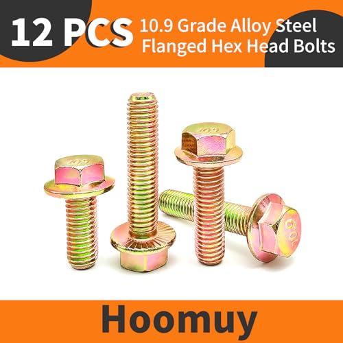 M6 x 50mm 12pcs Heavy Duty Flanged Hex Head Bolts, Flange Hexagon Head Screws, 10.9 Grade Alloy Steel, Yellow Zinc Plated, Metric Fully Thread - size: M6 x 50mm(12pcs)