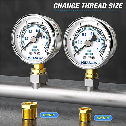 MEANLIN MEASURE 0~15Psi Dry Low Pressure Gauge Stainless Steel 1/4" NPT 2" FACE DIAL Waterproof for Water Oil Air Well Pump Tank Tire Pressure Test Lower Mount, with 1/2" NPT and 3/8" NPT Hex Bushing - size: 0-15Psi