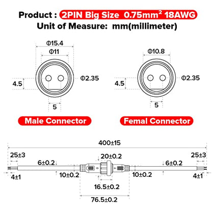 BTF-LIGHTING 2 Pin Electrical Connector 18AWG IP65 Male Female Connector 7.87in/20cm Extension Cable for Car,Truck,Boat,Indoor/Outdoor LED Strip Lights/String 22mm Nut Big Size 5 Pairs - size: 2 PIN Big Size