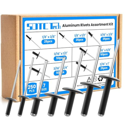 SDTC Tech 250pcs Black Pop Rivets Assortment Kit