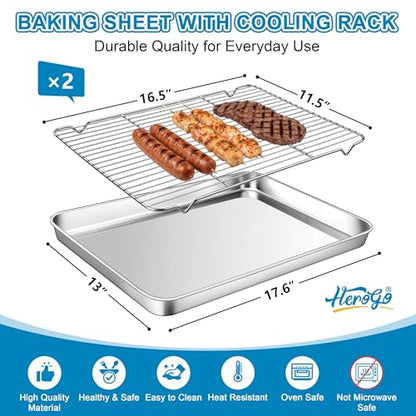 Herogo Stainless Steel Half Sheet Baking Pan with Rack Set,18" x 13" x 1" - size: 17.7 x 13 x 1 inch