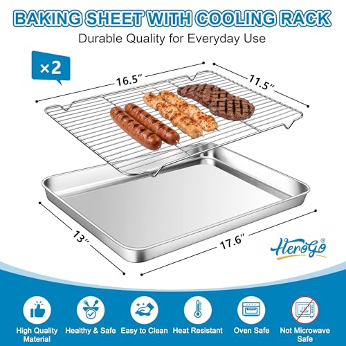 Herogo Stainless Steel Half Sheet Baking Pan with Rack Set,18" x 13" x 1" - size: 17.7 x 13 x 1 inch