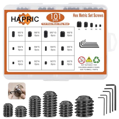 101-Piece Metric Set Screw Assortment Kit, M3-M8, 12.9 Alloy Steel - color: Black-Metric-101 Pcs
