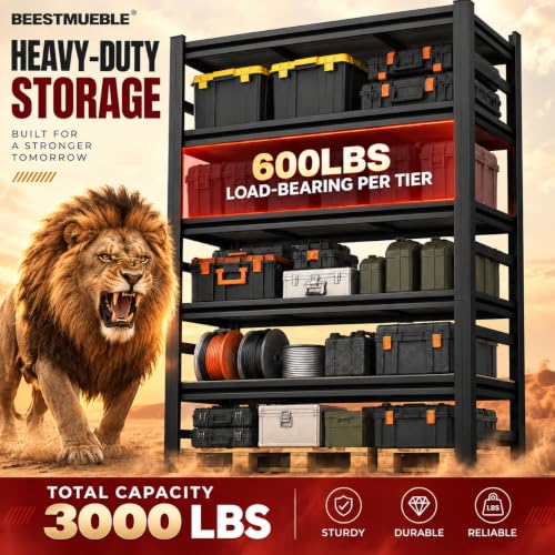 Garage Shelving, 3000 LBS Heavy Duty Metal Storage Shelves with Anti-Fall Rails, 5-Tier Adjustable Wooden Storage Rack for Garage, Warehouse, Basement, 36" W x 16" D x 72" H - size: Wooden 36" W x 16" D x 72" H