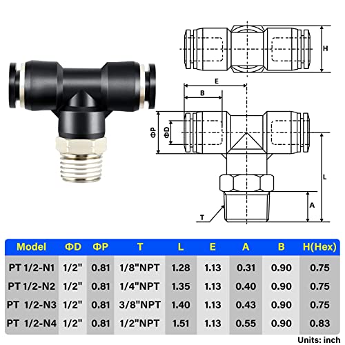 TAILONZ 1/2" OD x 1/2" MNPT Push to Connect Branch Tee Fitting 10Pcs - size: 1/2"OD x 1/2"MNPT
