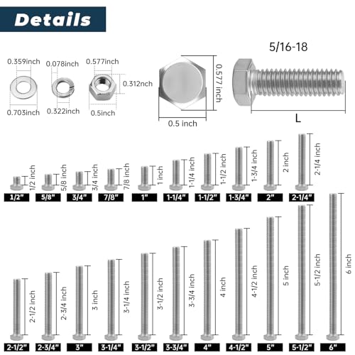 8 Sets Glvaner 5/16-18 x 2-3/4" Stainless Steel Hex Head Screws Bolts, Nuts, Flat & Lock Washers, 18-8 (304) Stainless Steel, Full Thread, Coarse Thread - size: 5/16-18 x 2-3/4"