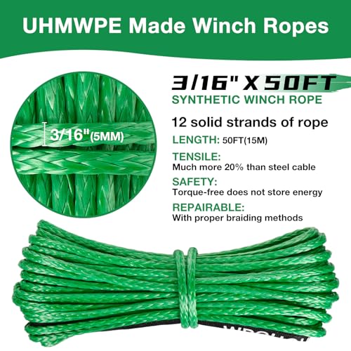 3/16" Synthetic Winch Rope 50 ft 8,500 lb UHMWPE Winch Cable Replacement Kit with Protective Sleeve, Thimble, Compatible with ATV UTV Truck Winches, Green - color: Green, size: 3/16 In x 50 Ft Standard
