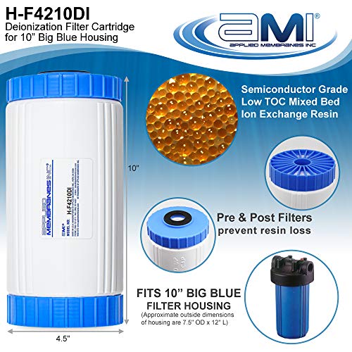APPLIED MEMBRANES INC Deionization Water Filter Cartridge for Ultra Pure Water | 4.5 x 10 Inch DI Filter | High Purity | Fits 10" Housing | Great for Aquarium & Reef H-F4210DI - size: 4.5" x 10"