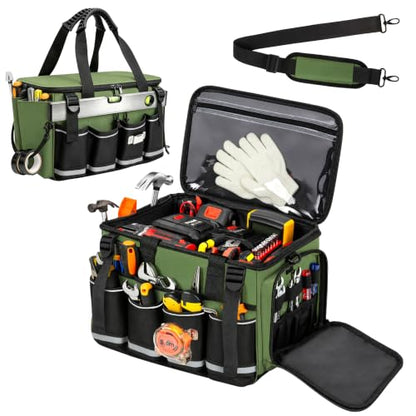 14-Inch Heavy Duty Tool Bag, 17 Pocket Tool Box Organizer - color: Green