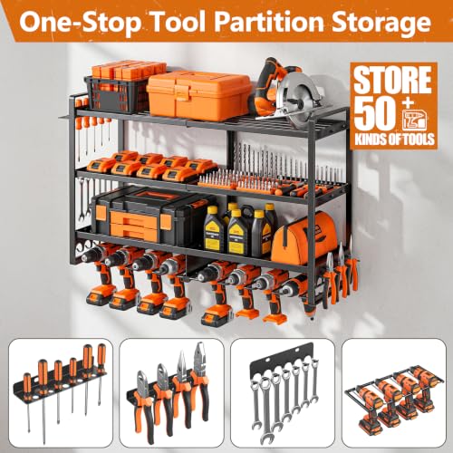 Large Power Tool Organizer Wall Mount,4 Layer Heavy Duty Metal Tool Storage Rack Loads 300lbs with 8 Cordless Drill Holder, Utility Rack Loads, Garage Storage, Gift for Men