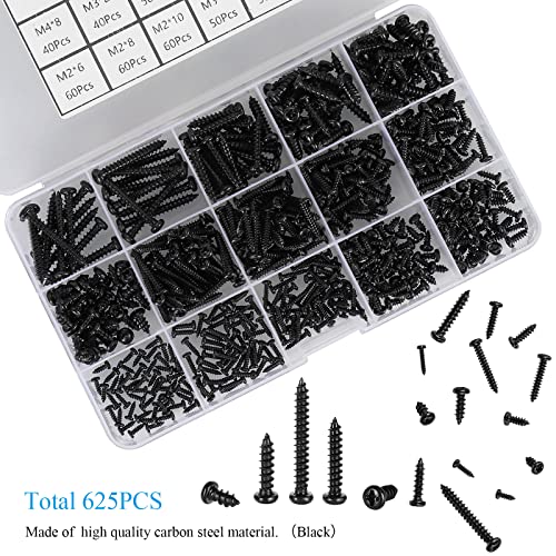 625pcs M2 M3 M4 Phillips Pan Head Self-Tapping Wood Screws,14 Sizes Cross Recessed Round Head Self Tapper Screws Assortment Kit for Wood,Plastic and Soft Metal,Black Carbon Steel,Sharp Point - color: Black:625Pcs Pan Head M2-M3-M4