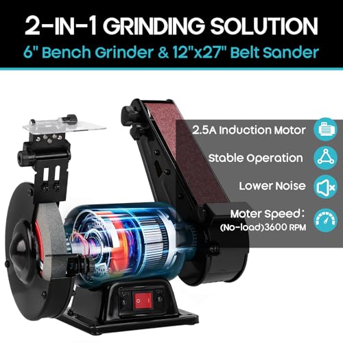 6-Inch Bench Grinder & 2x27 Belt Sander Combo, 2.5A Induction Motor Bench Tool for Sharpening, Knife Work, Wood Projects and Metal Finishing