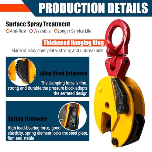 Vertical Plate Lifting Clamp,2200lbs Capacity Heavy Duty Steel Plate Clamp 1T with 0.8 Inch Jaw Opening, Industrial Lifting Clamp for Sheet Metal and Steel Plate Handling - color: 2200lbs-vertical - Rotating Ring